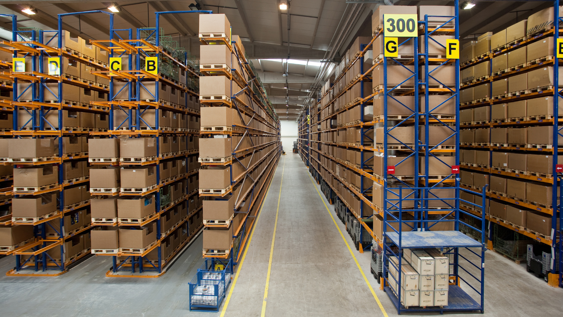 warehouse floor with boxes on shelves